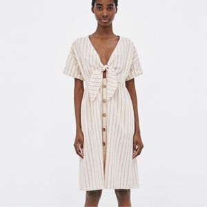 Zara Striped Cream Dress with Front Tie Buttoned